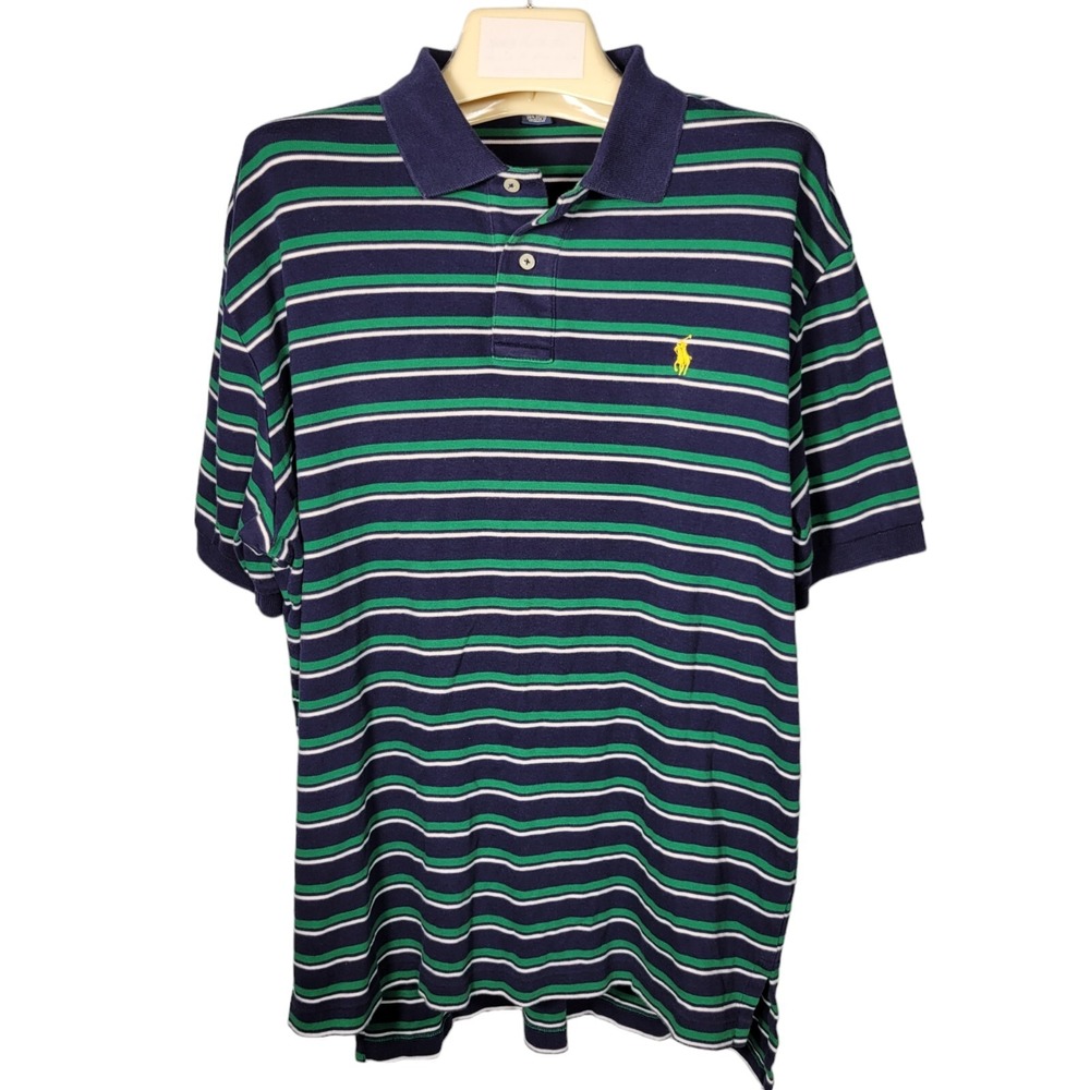 Polo Ralph Lauren Shirt Mens Lrge Stripe Multi Short Sleeve Collared Yellow Pony